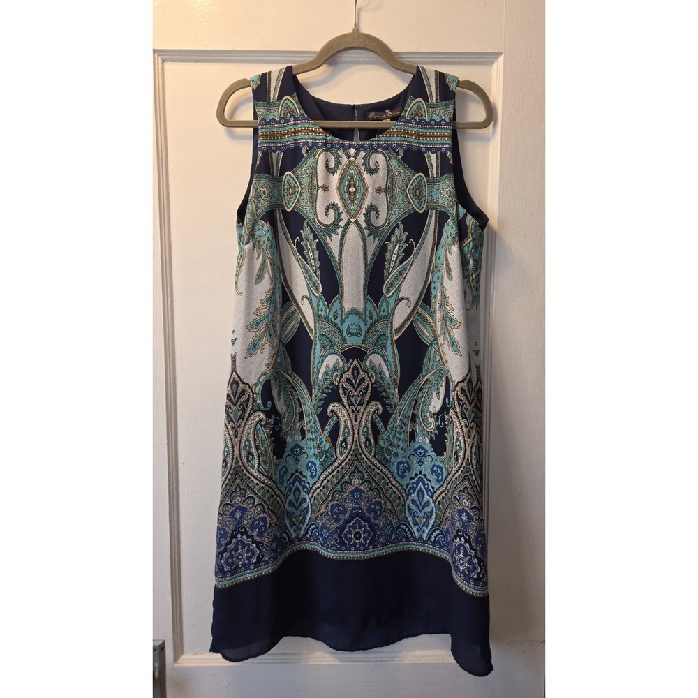Rose & Olive Sleeveless Navy Paisley Gauzy Sheath Dress Sz. 12 Lined